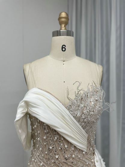 Sage Green Beaded Evening Gown with Asymmetrical Drape & Pearl Train MY30093-2