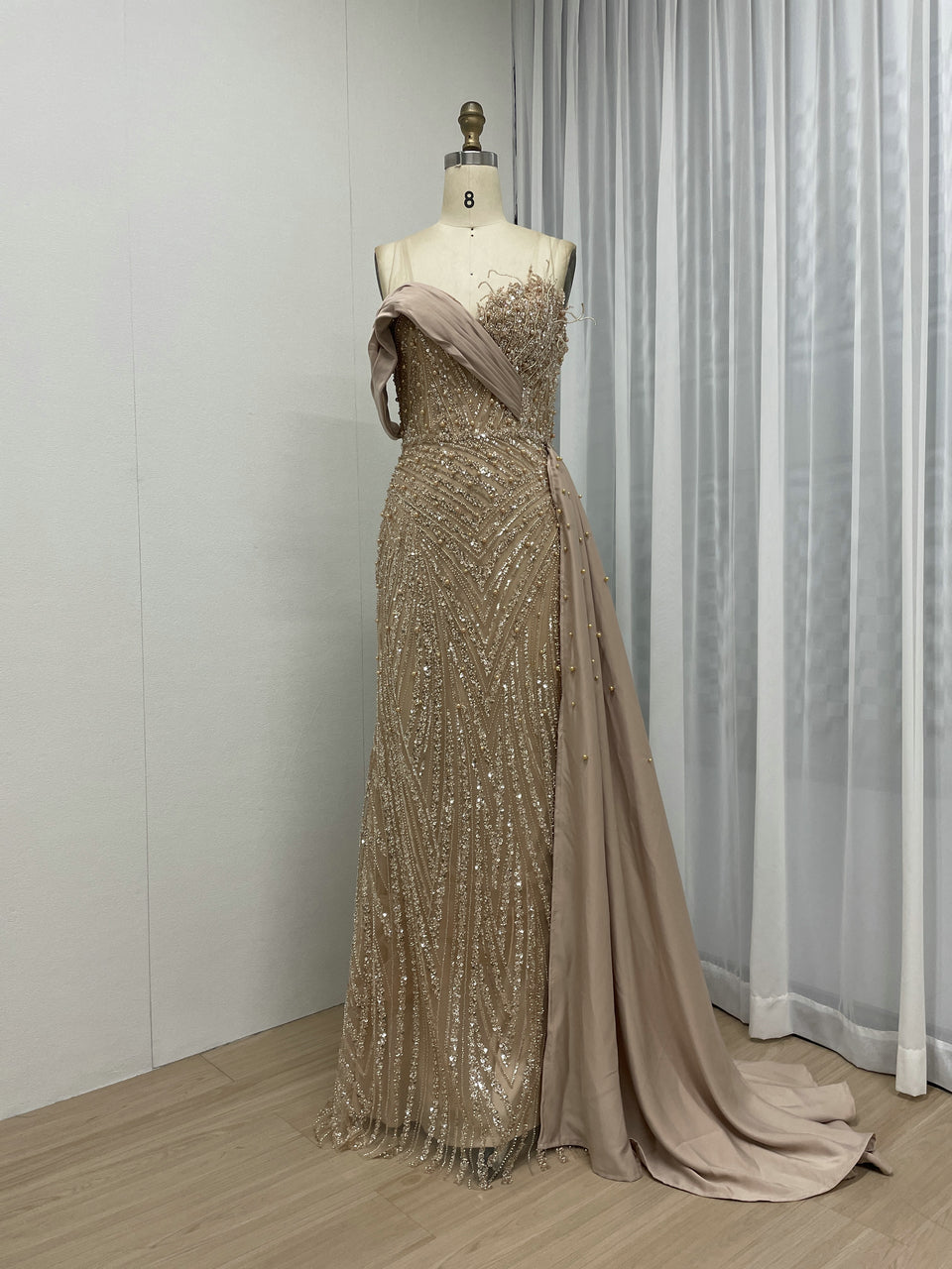 Sage Green Beaded Evening Gown with Asymmetrical Drape & Pearl Train MY30093-2