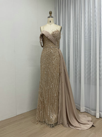 Sage Green Beaded Evening Gown with Asymmetrical Drape & Pearl Train MY30093-2