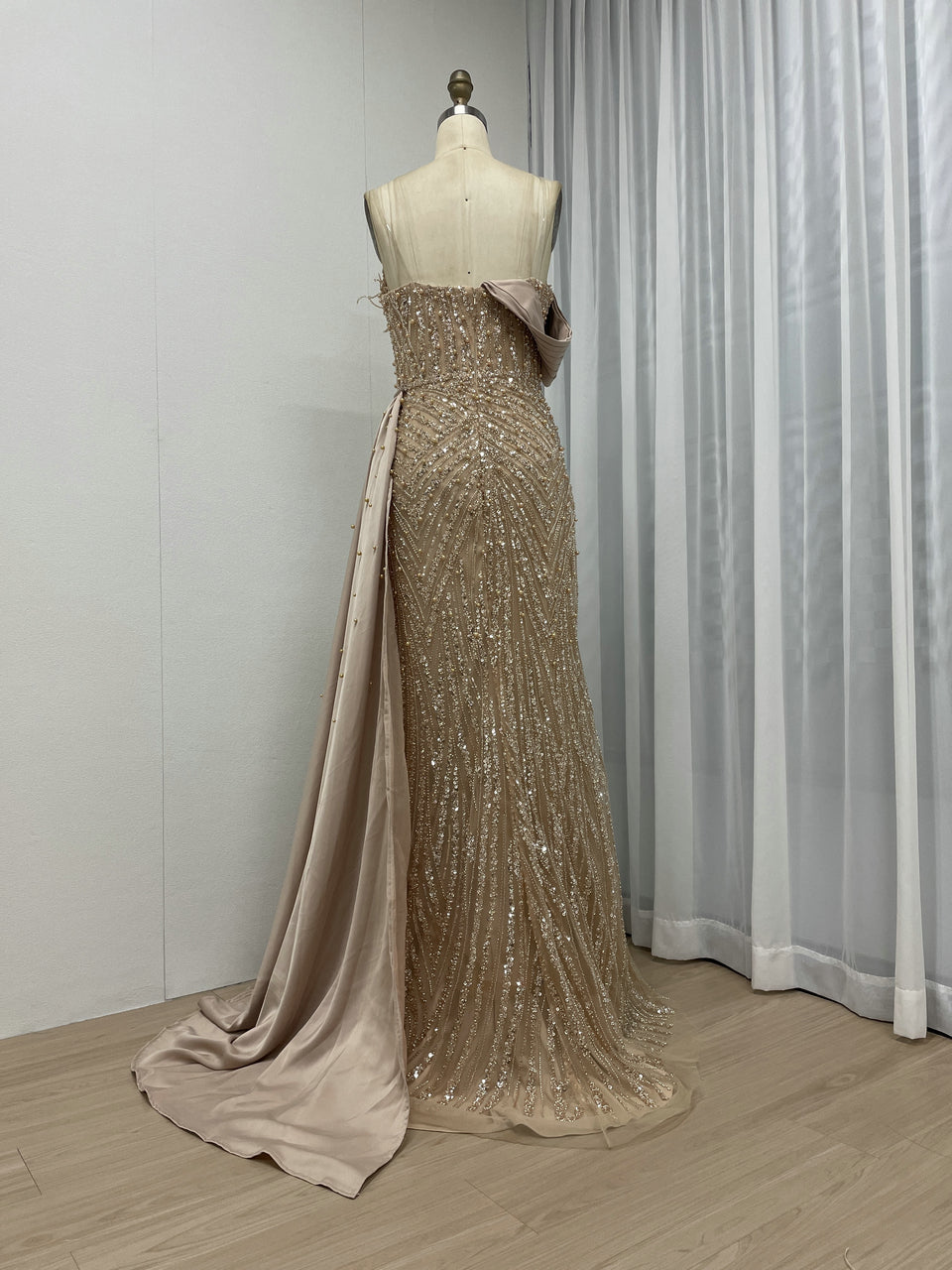 Sage Green Beaded Evening Gown with Asymmetrical Drape & Pearl Train MY30093-2