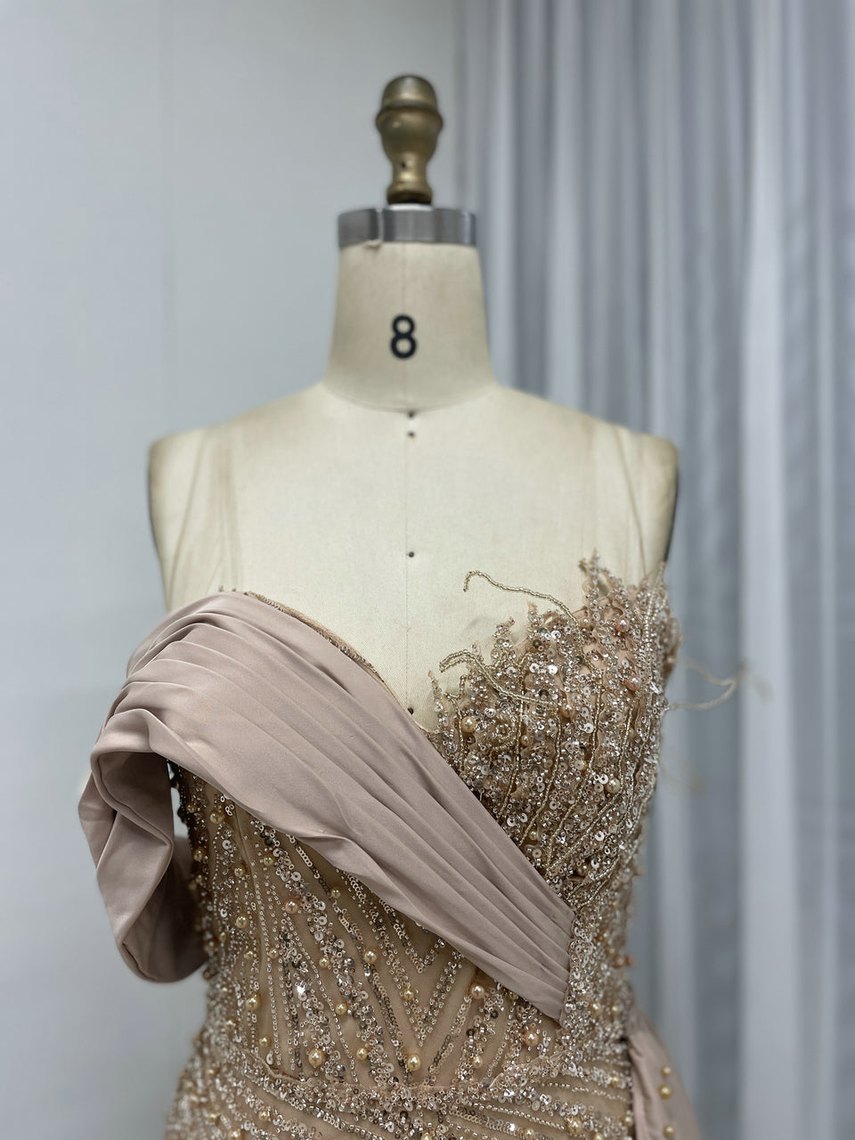Sage Green Beaded Evening Gown with Asymmetrical Drape & Pearl Train MY30093-2
