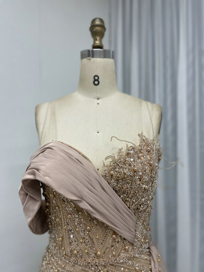 Sage Green Beaded Evening Gown with Asymmetrical Drape & Pearl Train MY30093-2