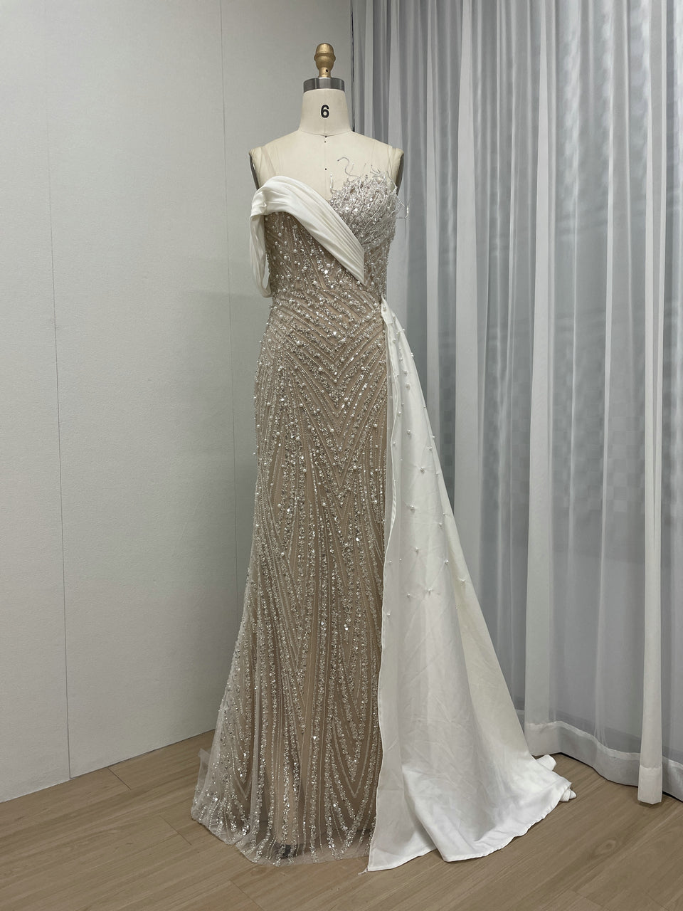 Sage Green Beaded Evening Gown with Asymmetrical Drape & Pearl Train MY30093-2