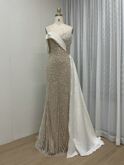 Sage Green Beaded Evening Gown with Asymmetrical Drape & Pearl Train MY30093-2