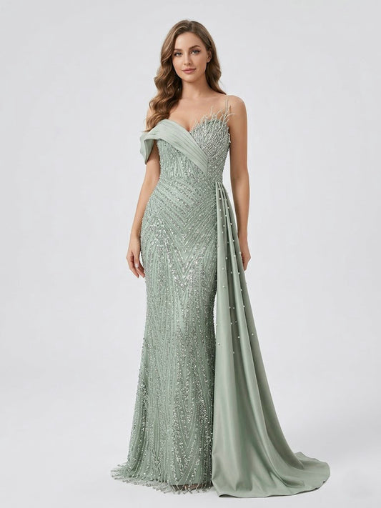 Sage Green Beaded Evening Gown with Asymmetrical Drape & Pearl Train MY30093-2