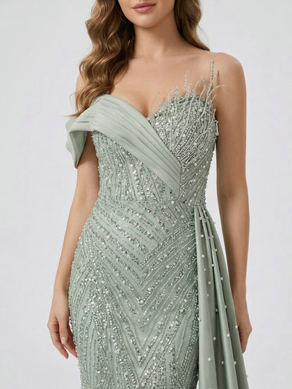 Sage Green Beaded Evening Gown with Asymmetrical Drape & Pearl Train MY30093-2