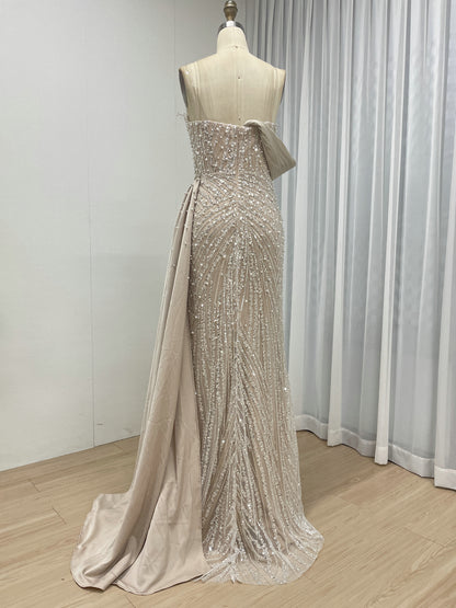 Sage Green Beaded Evening Gown with Asymmetrical Drape & Pearl Train MY30093-2