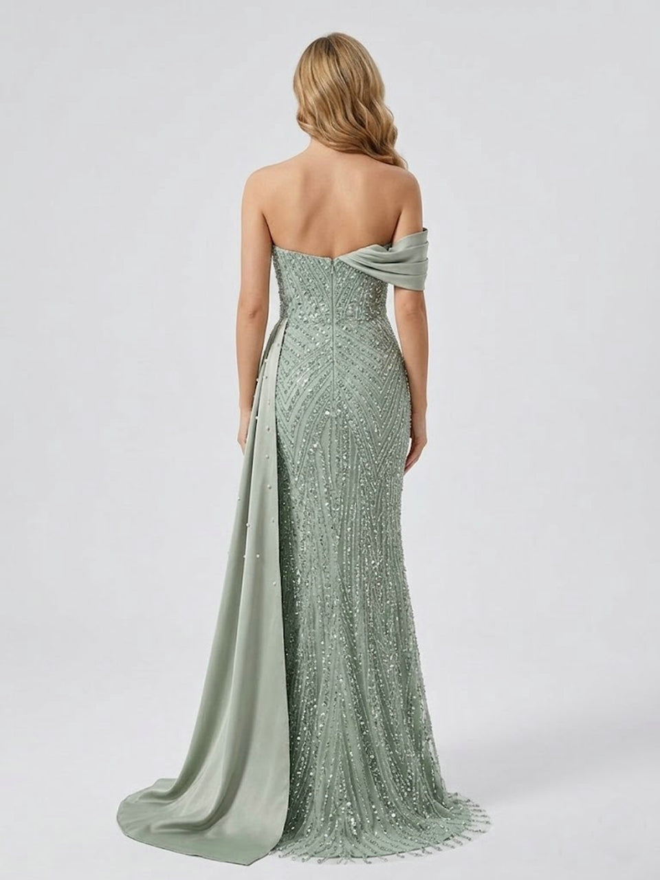 Sage Green Beaded Evening Gown with Asymmetrical Drape & Pearl Train MY30093-2