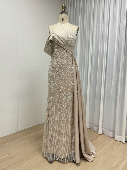 Sage Green Beaded Evening Gown with Asymmetrical Drape & Pearl Train MY30093-2