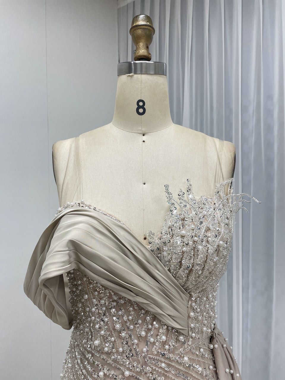 Sage Green Beaded Evening Gown with Asymmetrical Drape & Pearl Train MY30093-2