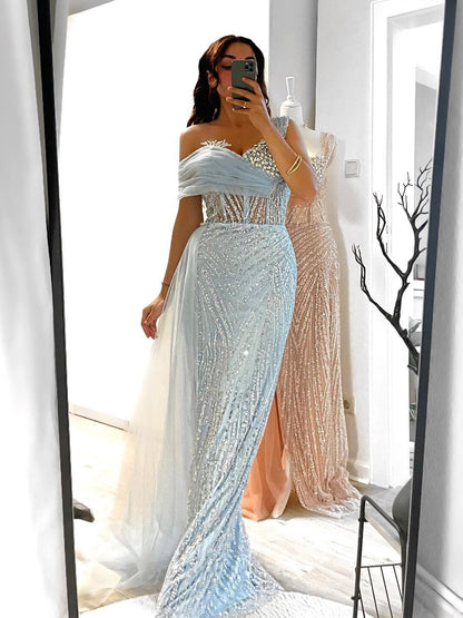 Stylish Off Shoulder With Ruffle Beading Lace Wedding Party Evening Dress MY30093