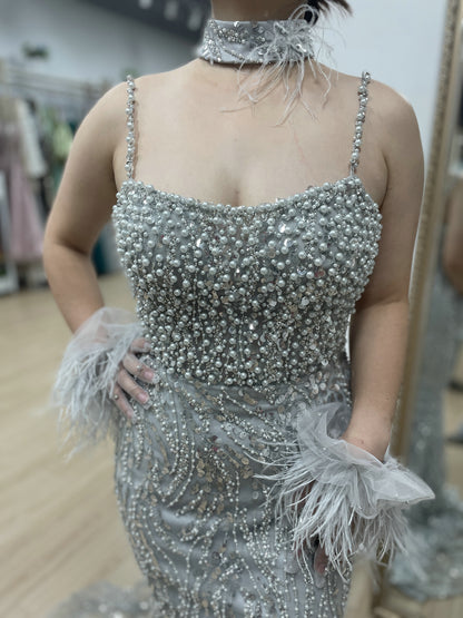 Grey Pearl Beaded Sheath Formal Wedding Reception Dress MY30095
