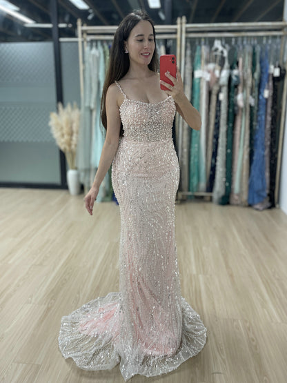Grey Pearl Beaded Sheath Formal Wedding Reception Dress MY30095