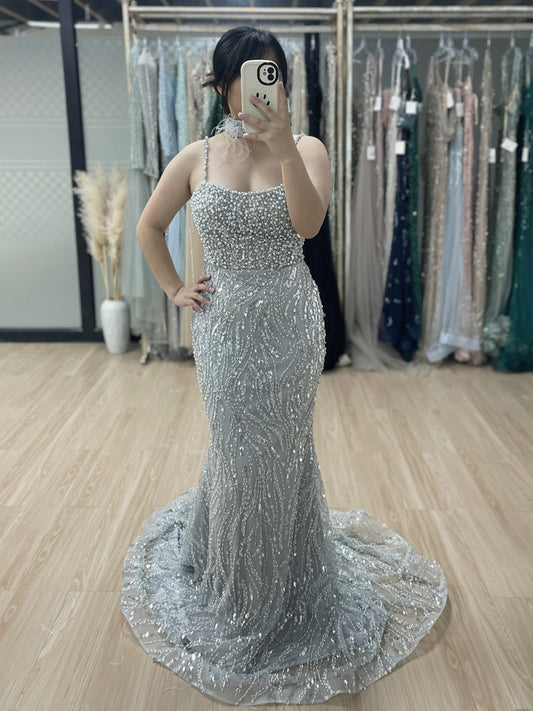 Grey Pearl Beaded Sheath Formal Wedding Reception Dress MY30095