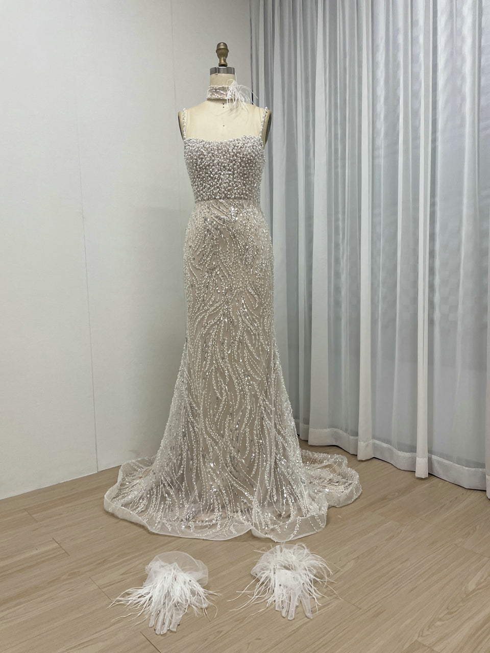 Grey Pearl Beaded Sheath Formal Wedding Reception Dress MY30095