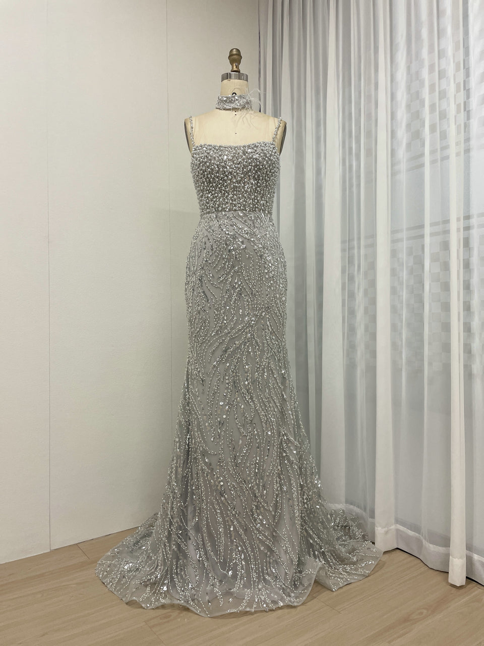 Grey Pearl Beaded Sheath Formal Wedding Reception Dress MY30095