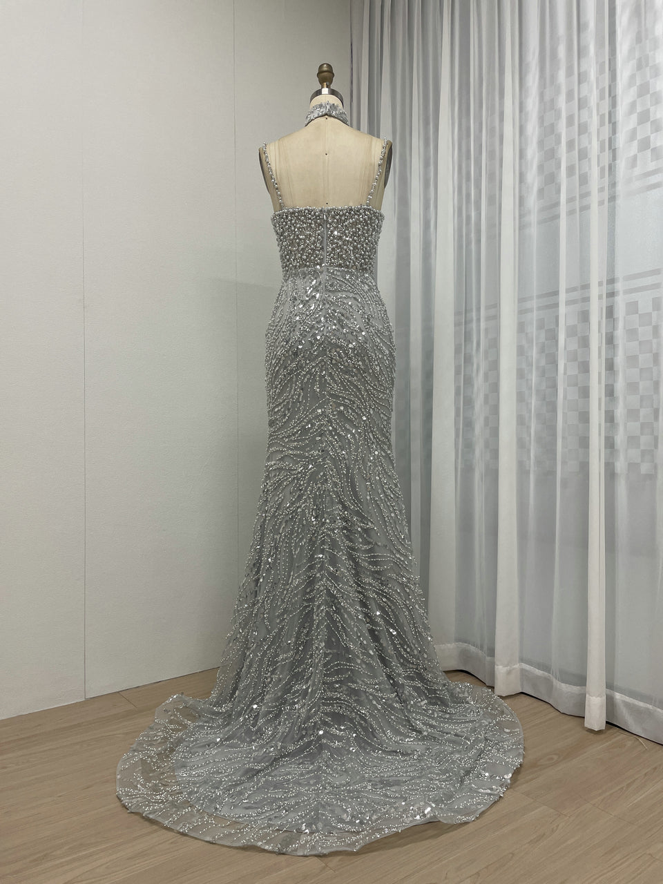 Grey Pearl Beaded Sheath Formal Wedding Reception Dress MY30095