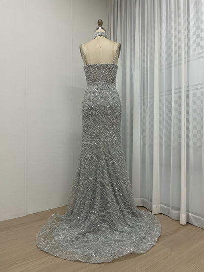 Grey Pearl Beaded Sheath Formal Wedding Reception Dress MY30095