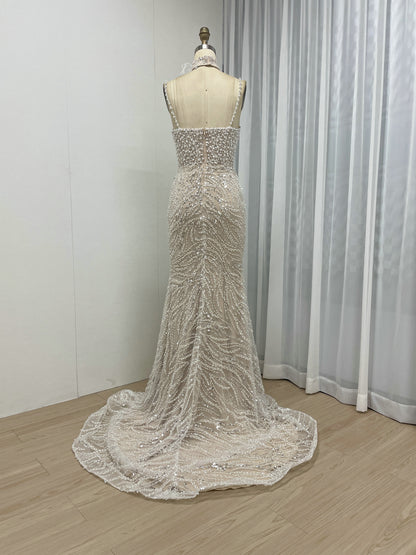 Grey Pearl Beaded Sheath Formal Wedding Reception Dress MY30095