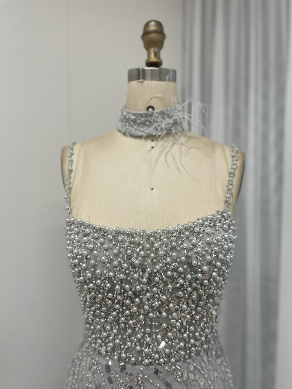 Grey Pearl Beaded Sheath Formal Wedding Reception Dress MY30095