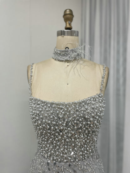 Grey Pearl Beaded Sheath Formal Wedding Reception Dress MY30095