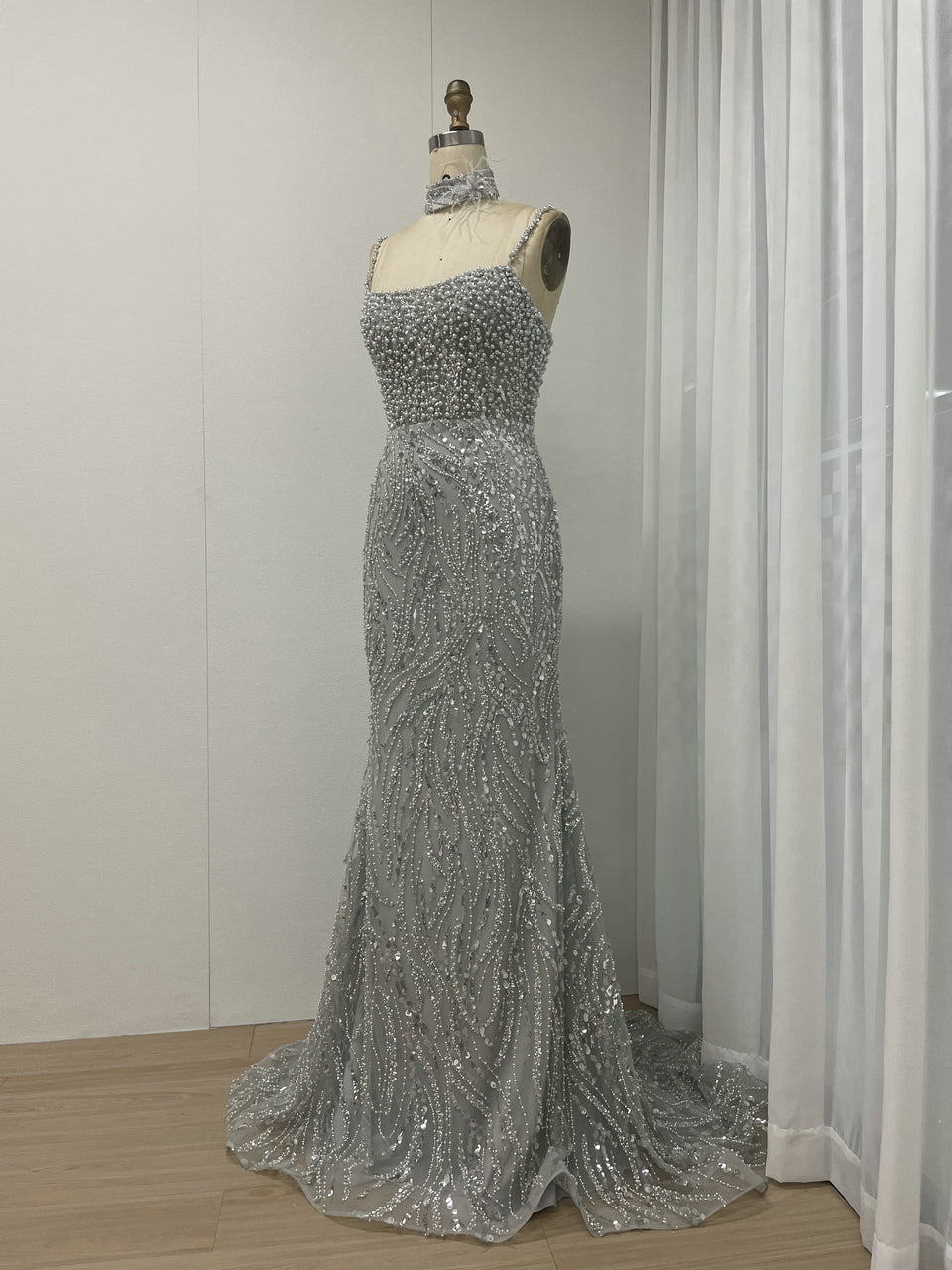 Grey Pearl Beaded Sheath Formal Wedding Reception Dress MY30095
