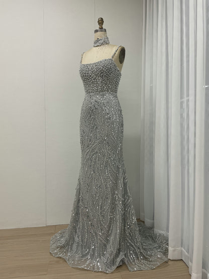 Grey Pearl Beaded Sheath Formal Wedding Reception Dress MY30095