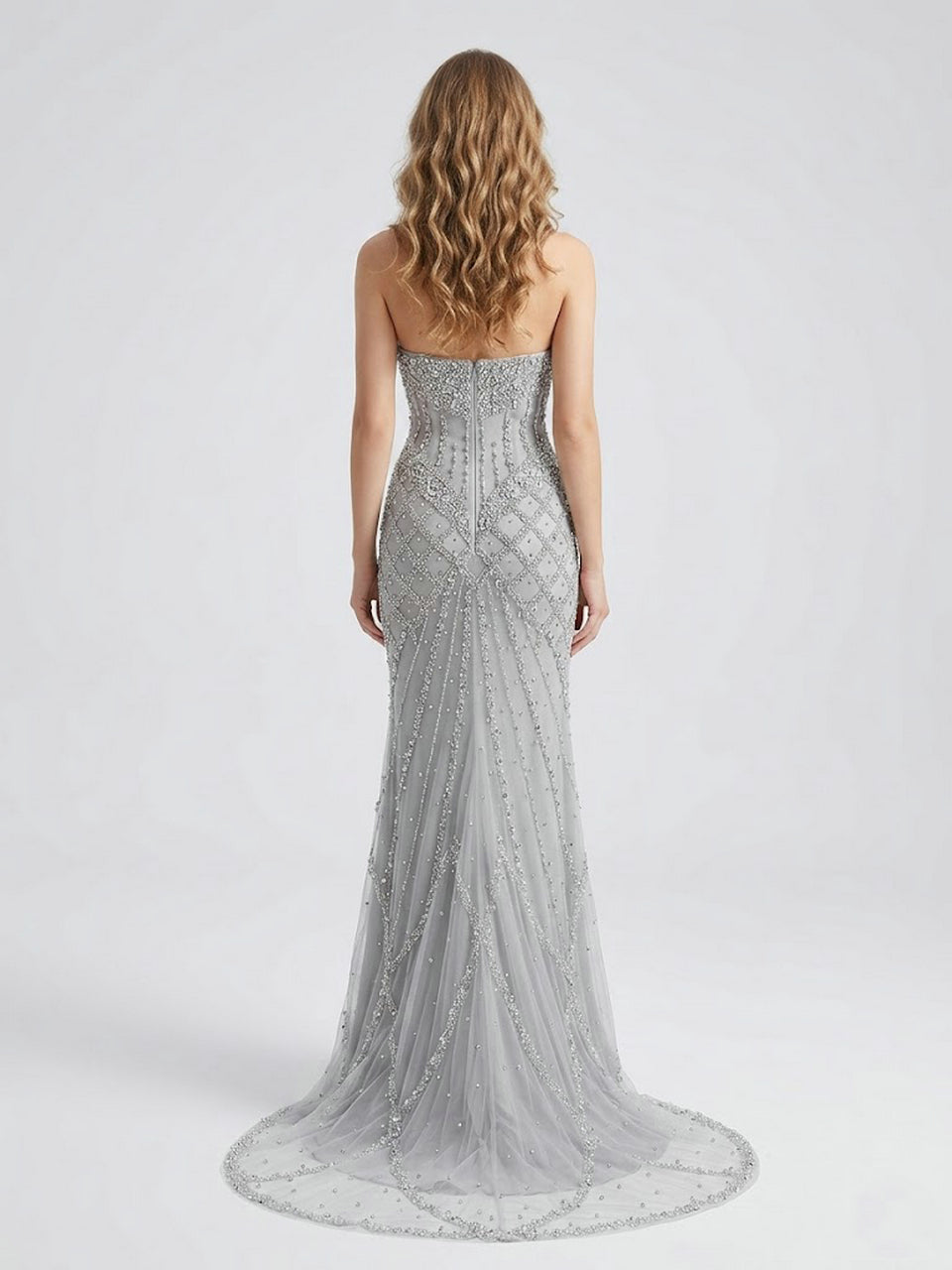 Silver Haute Couture High Slit Prom Dress - Shimmering Beading Evening Gown MY30098