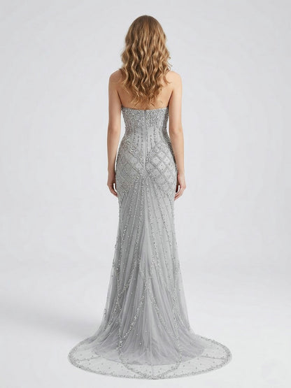 Silver Haute Couture High Slit Prom Dress - Shimmering Beading Evening Gown MY30098