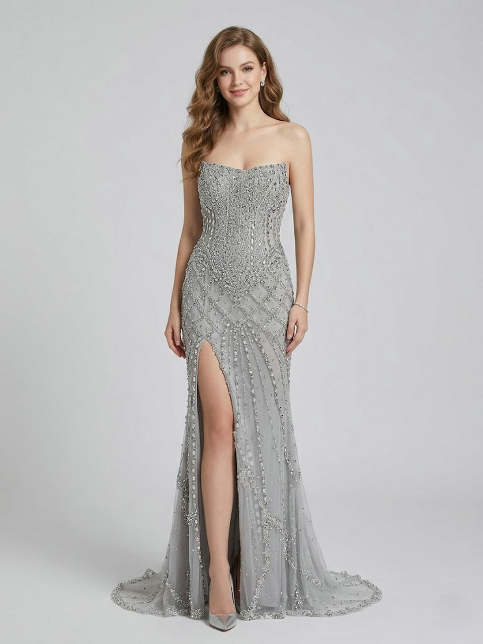 Silver Haute Couture High Slit Prom Dress - Shimmering Beading Evening Gown MY30098