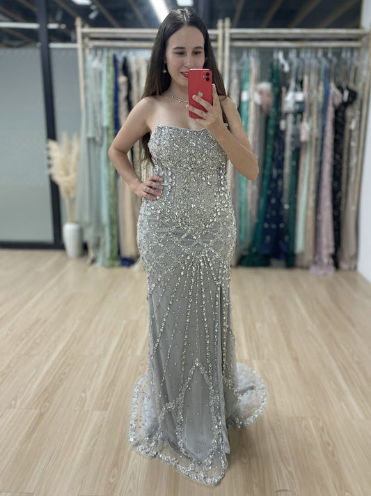 Sparkly Silver Gray Strapless Prom Dress High Slit Fully Beaded Mermaid Gown MY30098