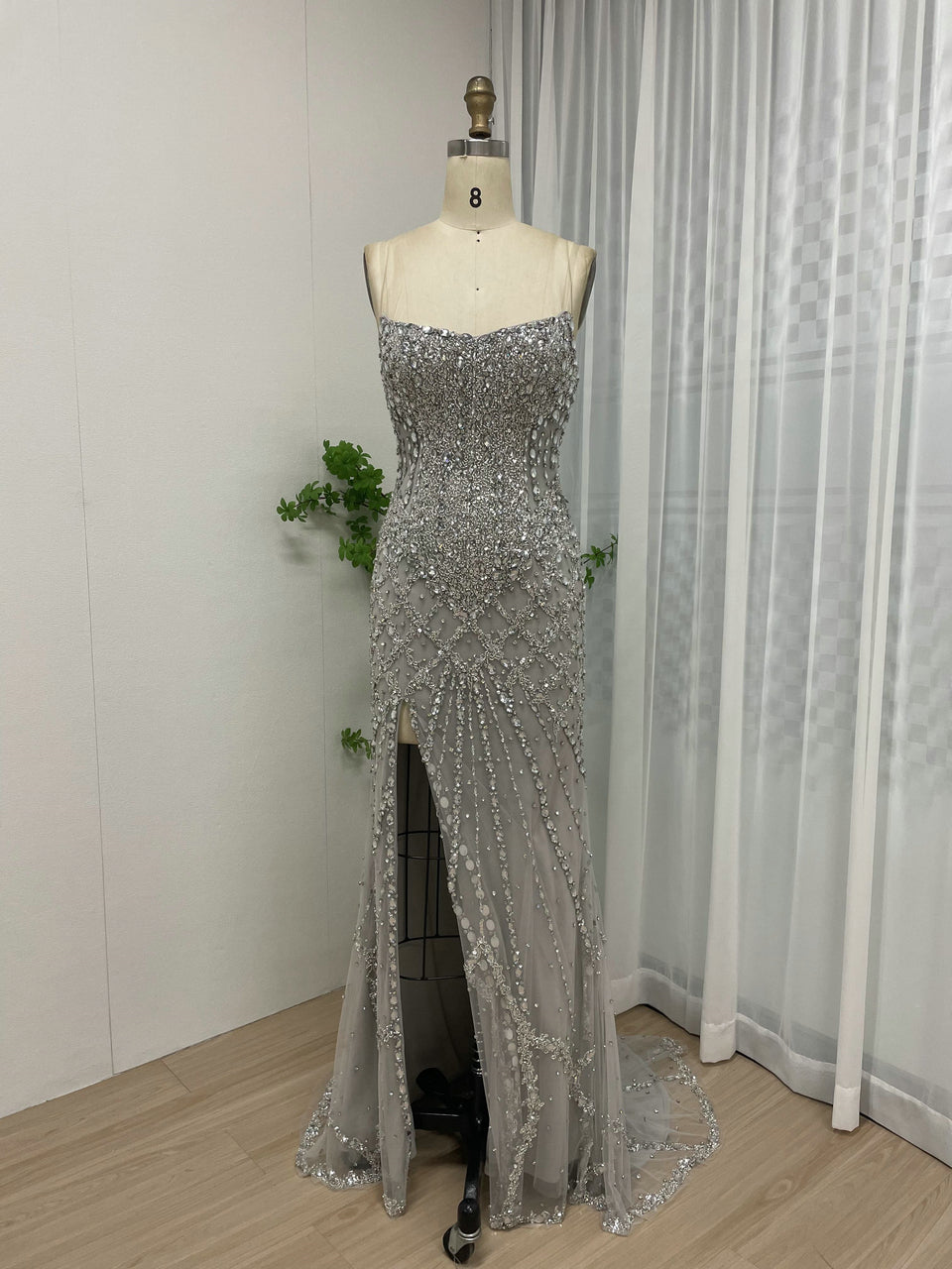 Silver Haute Couture High Slit Prom Dress - Shimmering Beading Evening Gown MY30098