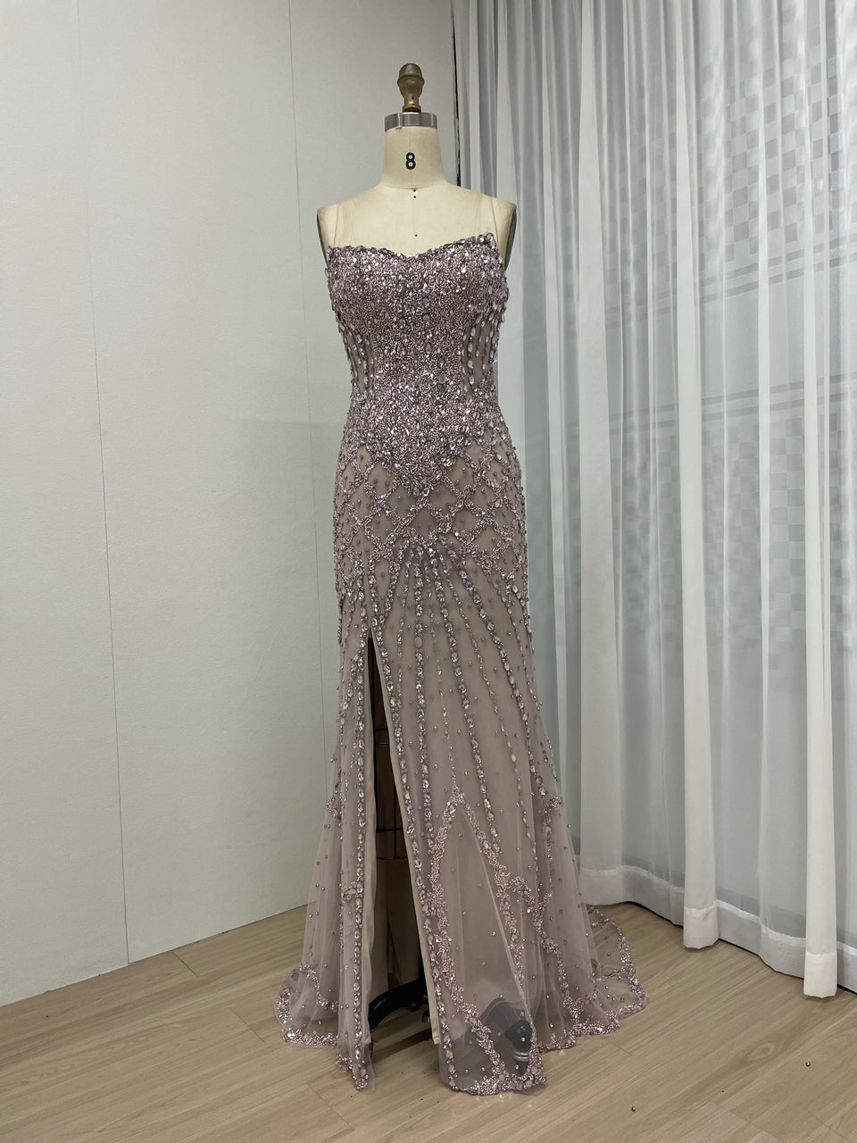 Silver Haute Couture High Slit Prom Dress - Shimmering Beading Evening Gown MY30098