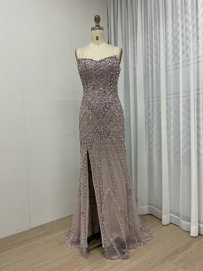 Silver Haute Couture High Slit Prom Dress - Shimmering Beading Evening Gown MY30098