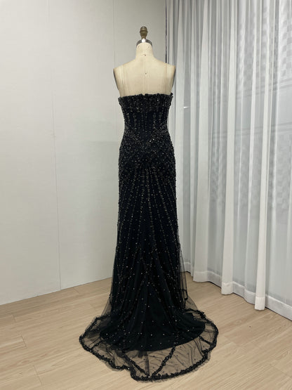 Silver Haute Couture High Slit Prom Dress - Shimmering Beading Evening Gown MY30098