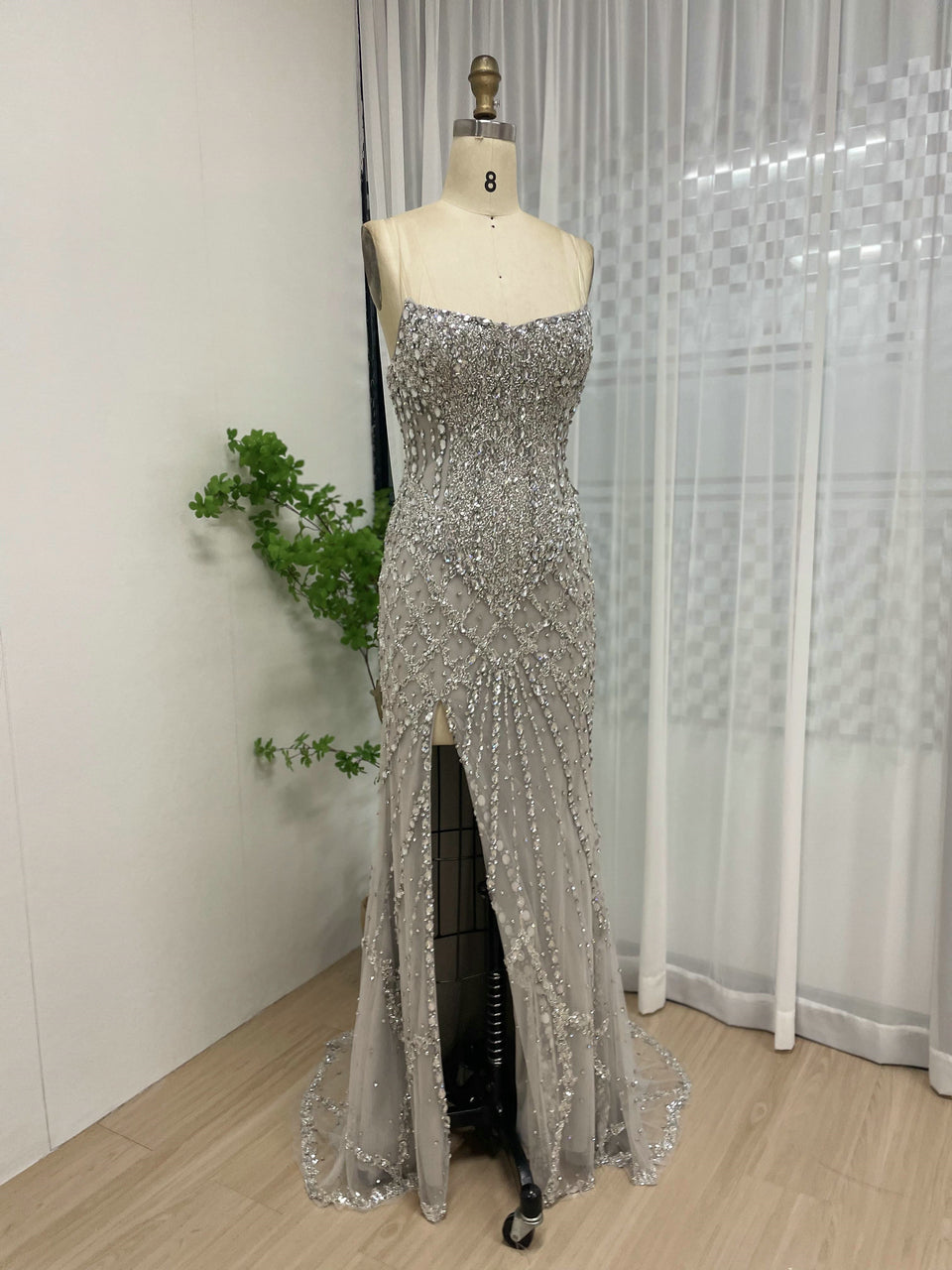 Silver Haute Couture High Slit Prom Dress - Shimmering Beading Evening Gown MY30098