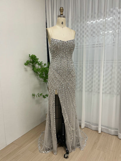 Silver Haute Couture High Slit Prom Dress - Shimmering Beading Evening Gown MY30098