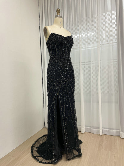Silver Haute Couture High Slit Prom Dress - Shimmering Beading Evening Gown MY30098