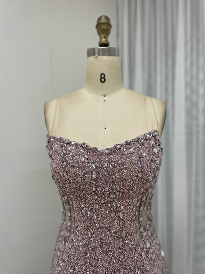 Silver Haute Couture High Slit Prom Dress - Shimmering Beading Evening Gown MY30098
