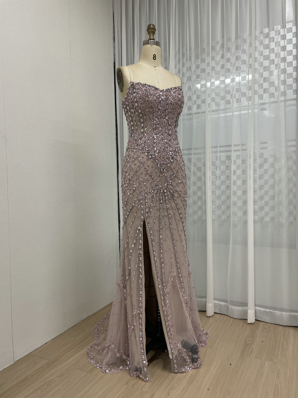 Silver Haute Couture High Slit Prom Dress - Shimmering Beading Evening Gown MY30098