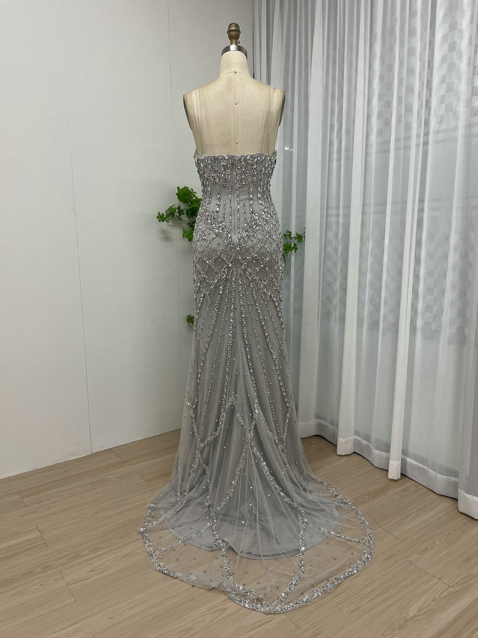 Silver Haute Couture High Slit Prom Dress - Shimmering Beading Evening Gown MY30098