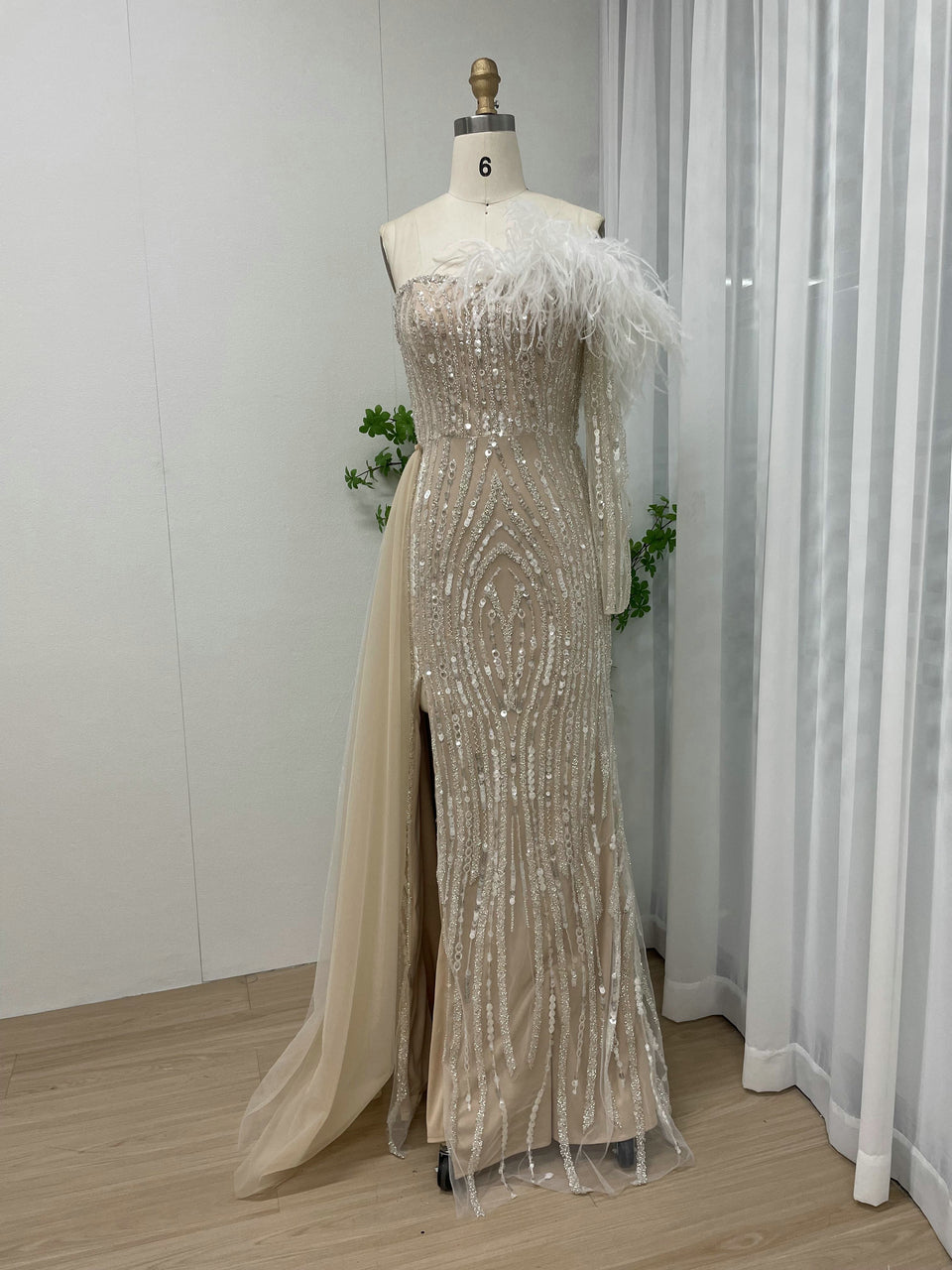 Champagne Sequin Feather Off-The-Shoulder Gala Gown with Side Train MY30099