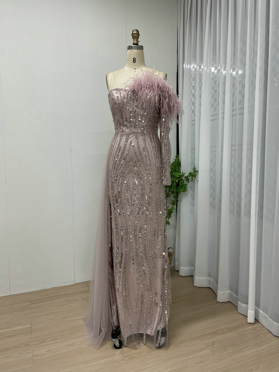 Champagne Sequin Feather Off-The-Shoulder Gala Gown with Side Train MY30099