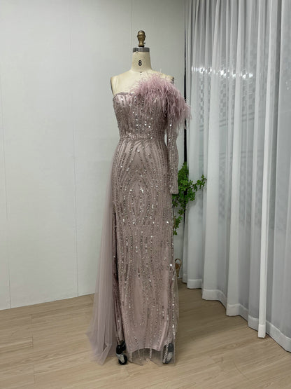 Champagne Sequin Feather Off-The-Shoulder Gala Gown with Side Train MY30099