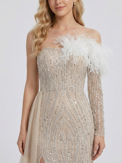 Champagne Sequin Feather Off-The-Shoulder Gala Gown with Side Train MY30099