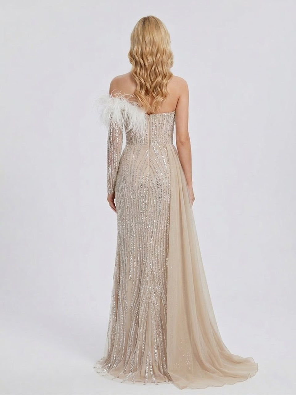 Champagne Sequin Feather Off-The-Shoulder Gala Gown with Side Train MY30099