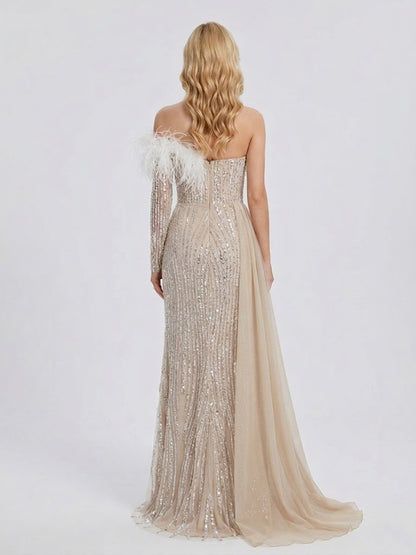 Champagne Sequin Feather Off-The-Shoulder Gala Gown with Side Train MY30099