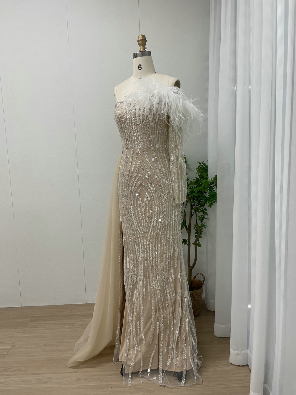 Champagne Sequin Feather Off-The-Shoulder Gala Gown with Side Train MY30099