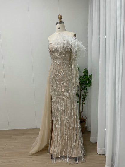 Champagne Sequin Feather Off-The-Shoulder Gala Gown with Side Train MY30099