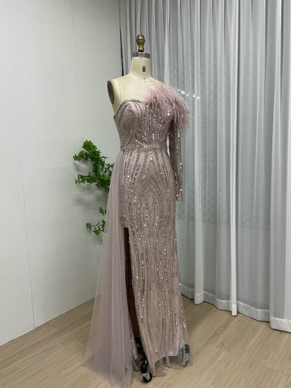 Champagne Sequin Feather Off-The-Shoulder Gala Gown with Side Train MY30099